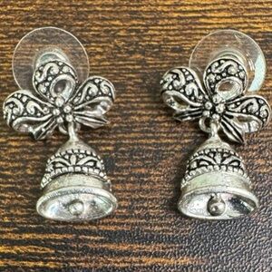 Adorable Christmas Silver Bell Earrings with Bow Design